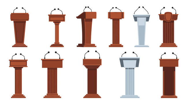 Collection of various styles of wooden and metal speaker podiums and lecterns designed for public speaking and presentations.