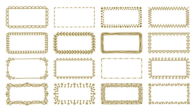 Hand drawn gold rectangular vector frames set with various decorative doodle border styles