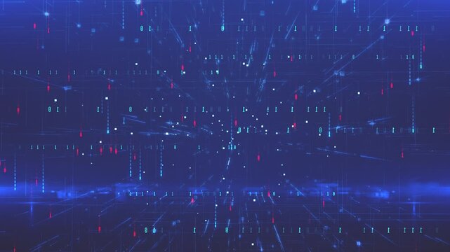 Abstract digital data streaming background with glowing particles and light lines.