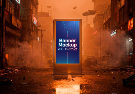 Futuristic city billboard mockup in cinematic scene