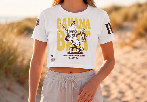 Blank white crop top beach lifestyle mockup