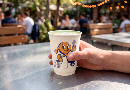 Paper coffee cup mockup in cafe hand