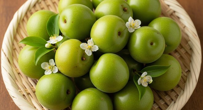 Ume Plums, Fresh Plums, fresh green ume plums in bamboo basket harvest, light fresh floral, Zen Minimal, Flatlay view