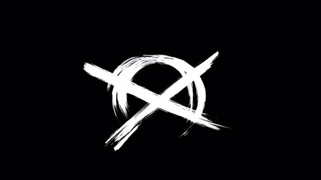 Abstract white hand drawn cross inside circle symbol on black background.