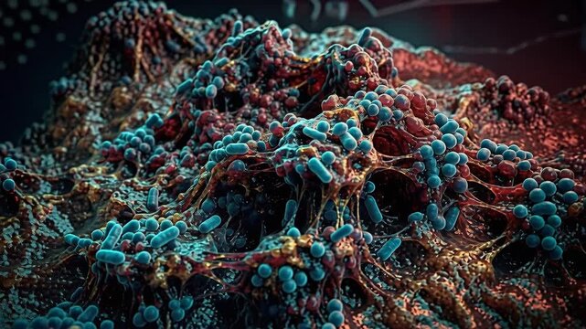 The video shows a close view of different types of cells and bacteria in a lab. The images capture the textures and shapes of microorganisms in detail