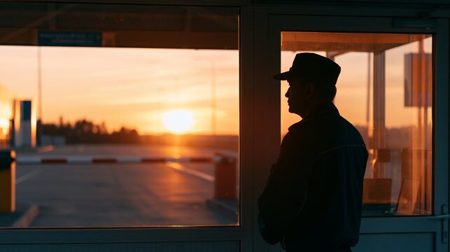 Security guard silhouette in booth at sunset, protecting empty parking lot with raised barrier gate, evening light