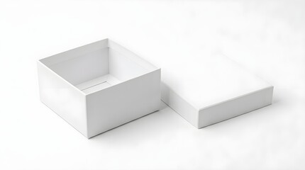Fototapeta premium A blank white open rectangular container with its lid resting beside it presenting an empty space for a gift or product presentation on a neutral surface perfect for creative design projects and