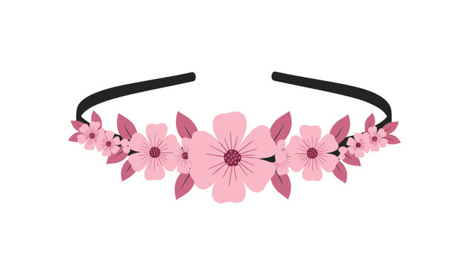 Delicate pink flower headband with leaves and multiple blooms is shown in a simple and elegant illustration on a white background.