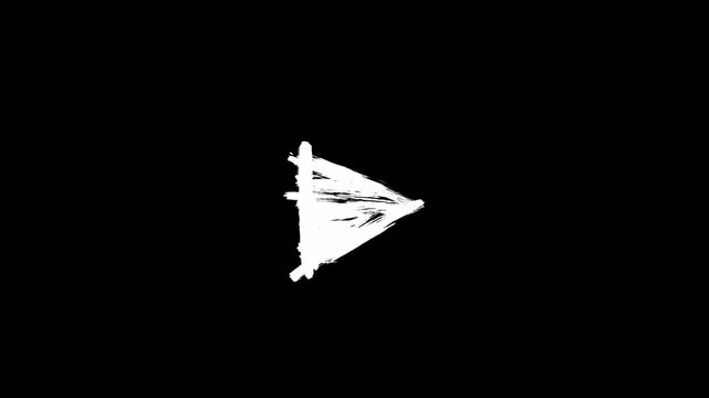 Hand drawn rough white play button icon animation on black background.