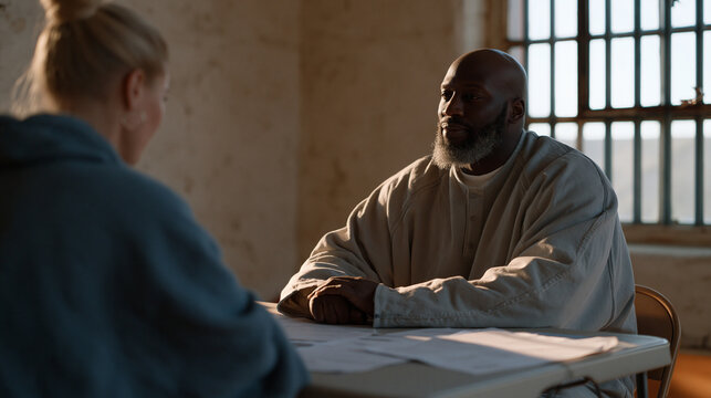 Prison reentry case manager meeting with a recently released man at a folding table inside a transitional housing facility, paperwork for employment applications spread out, a
