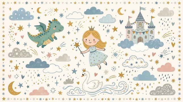 Princess flies with wand, dragon soars, cloud castle, swan under stars