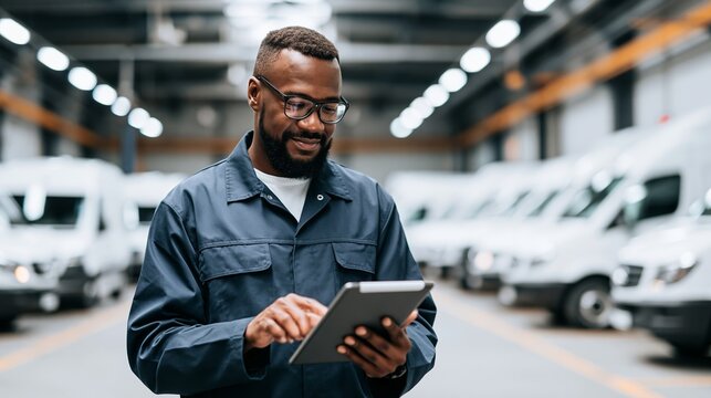 African American worker managing fleet logistics using digital tablet in large vehicle garage with parked vans