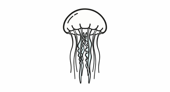 A simple black and white outline drawing of a jellyfish with blue shading