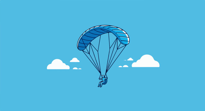 Person paragliding with blue parachute against a bright blue sky