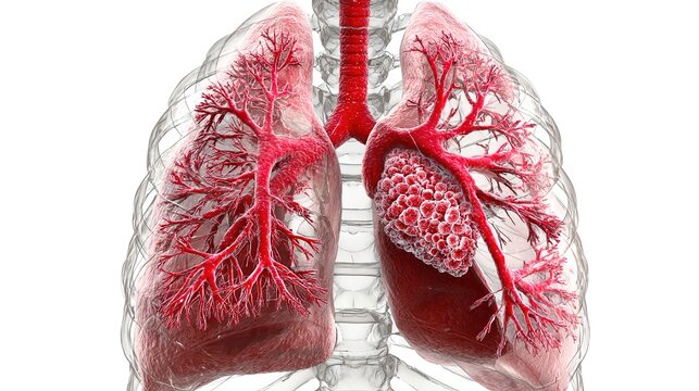 3D medical anatomical illustration of acute pulmonary embolism, blockage of pulmonary artery by blood clot inside human lung vascular system, cross-section respiratory organ anatomy showing thrombus 