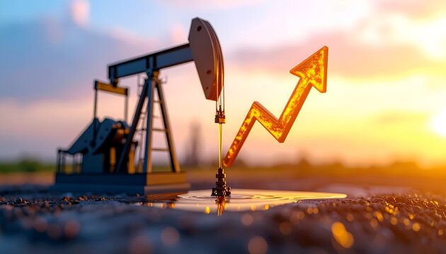 Golden arrow rises above oil pump. Sunset bathes field in warm hues