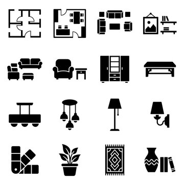 Furniture And Interior Design Icons Flat Silhouette Style On White Background