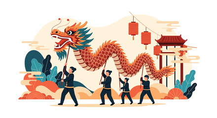 Fototapeta premium Traditional chinese dragon dance celebration features performers carrying a long dragon through a festive landscape.