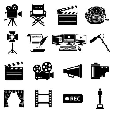 Filmmaking Equipment Icons Black Silhouette Set On White Background