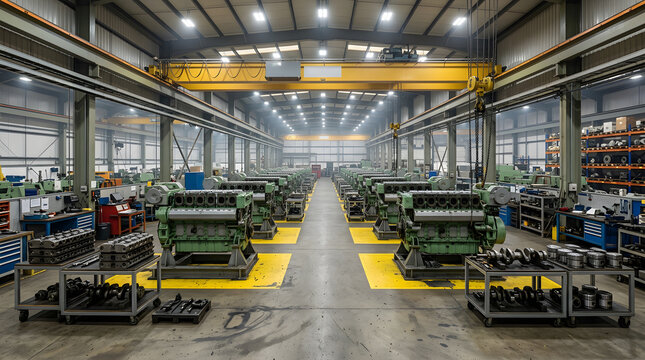 industrial marine diesel engine repair workshop | heavy machinery assembly plant for ship engines | commercial maritime engine manufacturing facility | large scale diesel generator maintenance shop