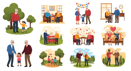 Fototapeta premium Heartwarming collection of scenes shows senior citizens interacting with grandchildren and friends in various settings.