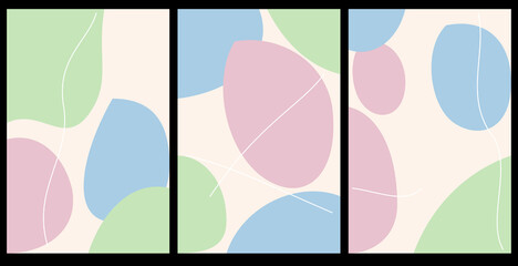 Fototapeta premium Abstract minimalist wall art set with organic shapes in pastel colors, modern contemporary aesthetic for home decor. Vector illustration.