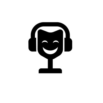 Happy comedy theater mask wearing headphones on a stand, iconic black silhouette for podcast or audio entertainment
