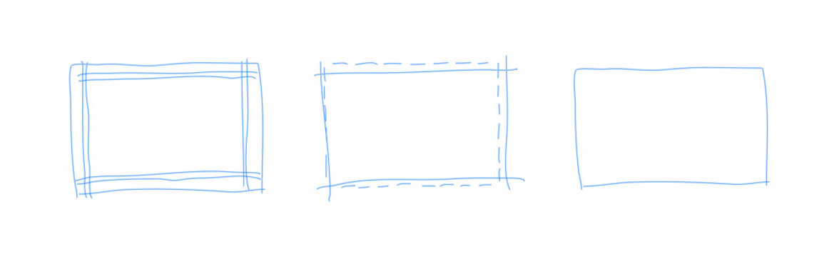 Hand drawn rectangle blue frame layouts. Doodle rectangular shapes. Scribble square simple text box set. Highlighting element template. Lined border. Graphic illustration isolated on white background.
