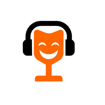 Smiling comedy theater mask wearing headphones. Icon for audio entertainment, podcast, or drama performances.