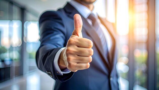 Businessman gives thumbs-up gesture in bright office setting