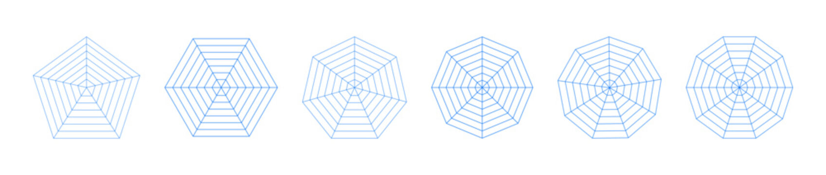 Radar, spider blue diagrams. Spider mesh pattern layout. Polygon flat graphs. Diagram templates for statistic, analytic. Blank radar thin charts. Minimal coaching tool. Grid mockups with segments set.