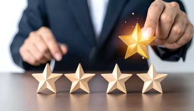 Hand places glowing star beside four wooden stars. Businessman shows excellence with bright