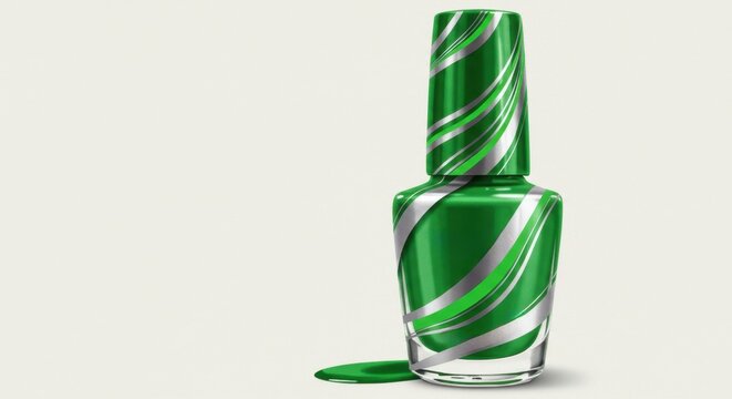 Emerald green nail polish bottle with elegant silver stripe details illustrated in realistic vector style for beauty branding