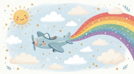 Fototapeta premium Smiling blue airplane soars past fluffy white clouds and a happy sun, trailing a vibrant rainbow