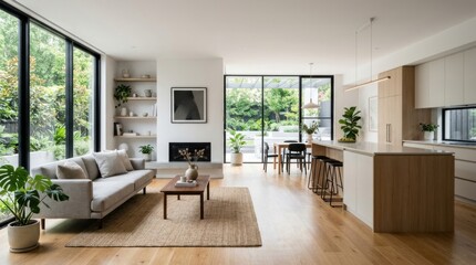 Naklejka premium Modern Open Plan Living Room and Kitchen with Garden Views