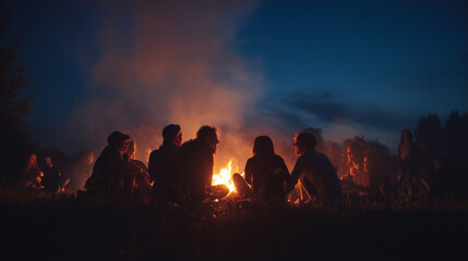 Fototapeta premium International Friendship Day evening bonfire with friends in nature, warm firelight celebration, outdoor community gathering, friendship, trust, unity, support, kindness, camping a