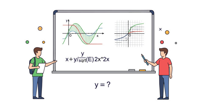 Educational illustration of two students actively discussing complex mathematical formulas and trigonometric graphs on a large classroom board.