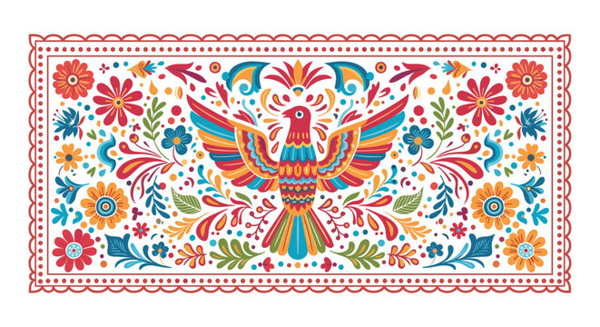 Vibrant and symmetrical Mexican folk art pattern featuring a colorful bird surrounded by intricate floral and leaf motifs in a decorative frame.