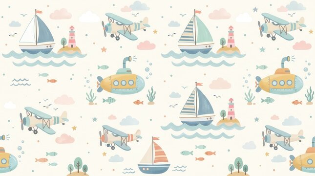 Repeating pattern: sailboats, biplanes, subs, lighthouses, diverse sea life