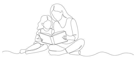 Obraz premium a minimalist continuous line drawing depicting a mother sitting cross-legged while teaching her young daughter to read an open book