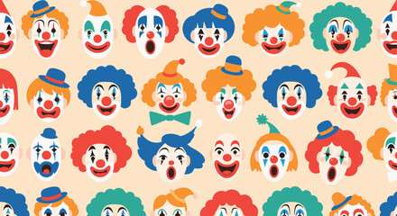 Obraz premium Vibrant seamless pattern featuring a diverse array of colorful and expressive clown faces wearing different hats and creative makeup styles.