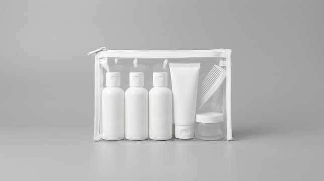 Isolated transparent toiletry bag with blank white cosmetic bottles and travel accessories for vacation hygiene branding