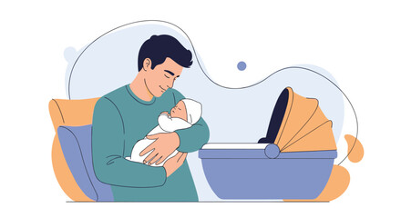Obraz premium Heartwarming scene of a new father lovingly cradling his sleeping infant next to a stylish blue baby stroller in a modern home nursery setting.