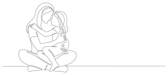 Fototapeta premium A minimalist continuous line drawing depicting a mother sitting cross-legged while lovingly embracing her young daughter.