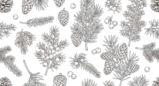 Intricate seamless pattern featuring various types of pine cones and evergreen branches in a classic hand-drawn botanical etching style design.