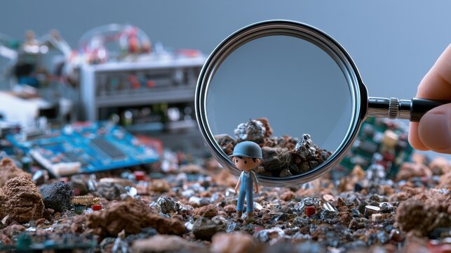 Miniature Worker Inspecting E-Waste: A tiny figure of a worker, complete with a hat and overalls, is seen through a magnifying glass examining a pile of electronic waste.