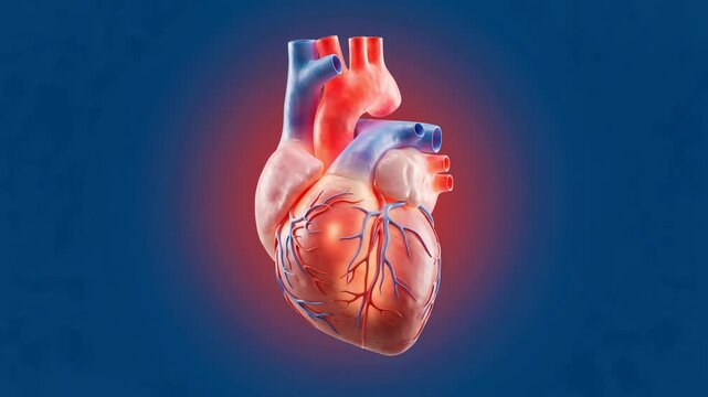 Human heart with prominent arteries and veins, anatomically accurate structure, on blue background with subtle gradient, medical education and healthcare concept, 4K video