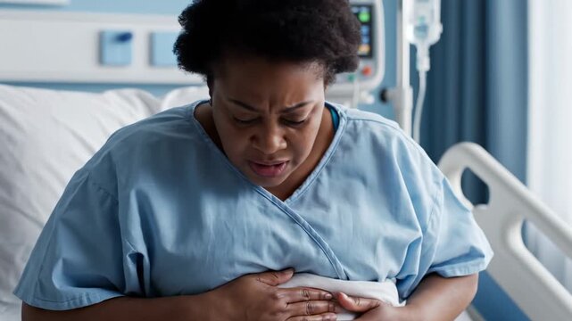 A distressed African American woman clutching her abdomen in discomfort while lying in a hospital bed, her face contorted with pain and showing signs of suffering as medical equipment stands