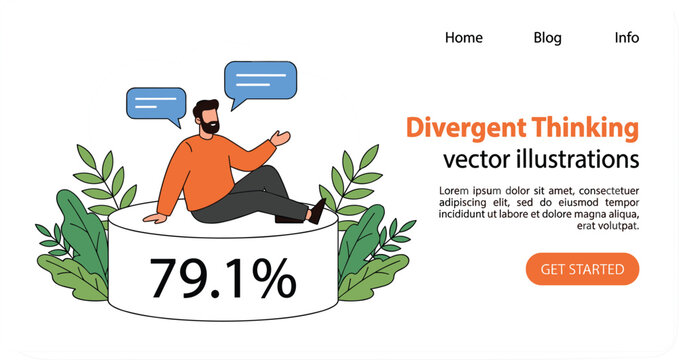 Divergent thinking vector illustration landing page template featuring man sitting on percentage diagram with speech bubbles.eps