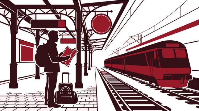 Traveler with backpack and luggage standing on a train station platform looking at a map